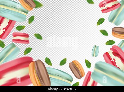 Flying colorful macaroons on transparent background. France macaroons in motion with green leaves. Sweet dessert. 3D realistic vector Stock Vector