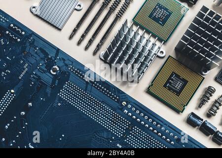 Top view of computer parts and components on white background with copy space. Top view, flat lay Stock Photo