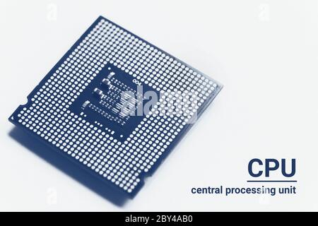 Central processor unit CPU chip in blue monochrome toned on white background with copy space Stock Photo