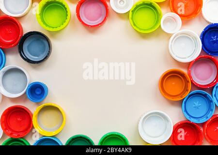 Many different colorful plastic cover background with copy space. Recycling concept Stock Photo