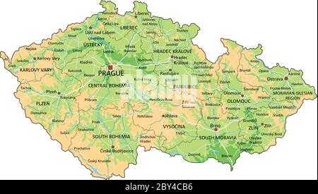 High detailed Czech Republic physical map with labeling. Stock Vector