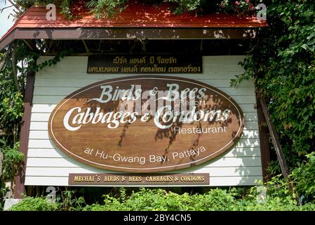 Cabbages and Condoms sign board, Pattaya, Thailand Stock Photo