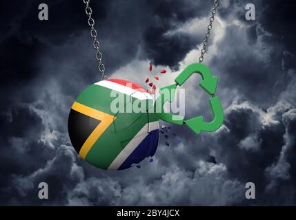 Green recycle symbol crashing into a South Africa flag ball. 3D Rendering Stock Photo