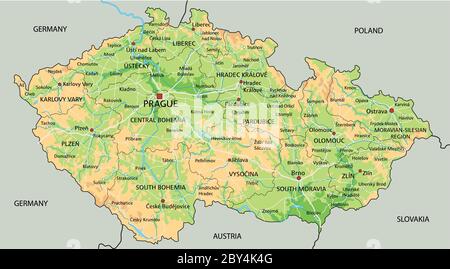 High detailed Czech Republic physical map with labeling. Stock Vector