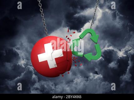 Green recycle symbol crashing into a Switzerland flag ball. 3D Rendering Stock Photo