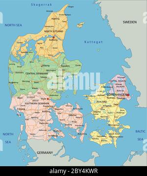 Denmark - Highly detailed editable political map with labeling. Stock Vector