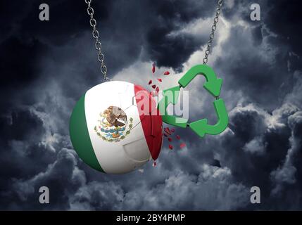 Green recycle symbol crashing into a Mexico flag ball. 3D Rendering Stock Photo