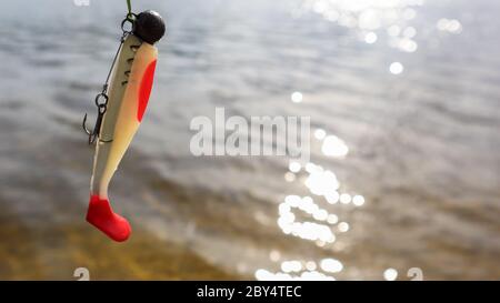 Rubber baits for fishing for predatory fish transparent packaging and  fishing rod on a yellow background. Artificial lures for bass, pike,  pikeperch Stock Photo - Alamy