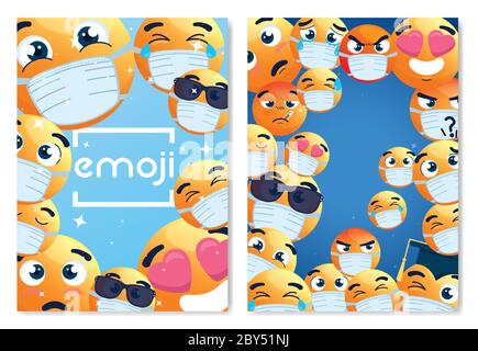 frames of emoji wearing medical mask, yellow faces with white surgical mask, icons for covid 19 coronavirus outbreak Stock Vector