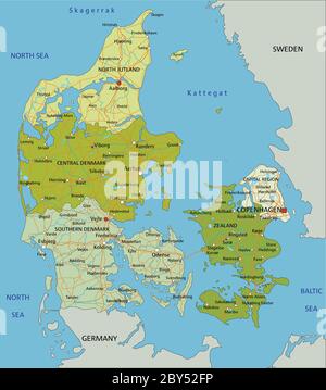 Highly detailed editable political map with separated layers. Denmark. Stock Vector