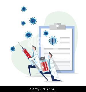 Doctor holding a syringe with virus cure and a vaccine of covid - 19 during pandemic time, and a doctor report at the back. Stop Coronavirus with Covi Stock Vector