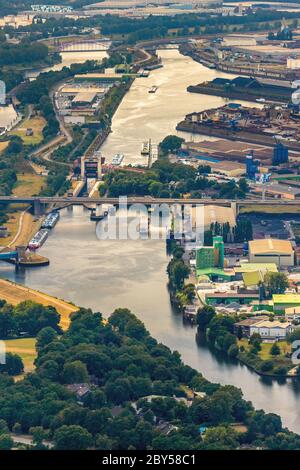 port of Duisburg, view from east with Ruhr watergate Duisburg, 21.07.2019, aerial view, Germany, North Rhine-Westphalia, Ruhr Area, Duisburg Stock Photo