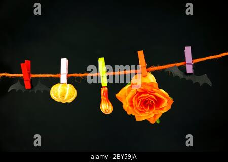 Rose is hanging on clothespins with decorative bats and pumpkins on a black background. Halloween concept background. Space for text. Stock Photo