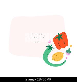 Fruit vegetable frame with copyspcae, banner template with hand drawn illustration of chili and sweet pepper, abstract background, good as banner Stock Vector