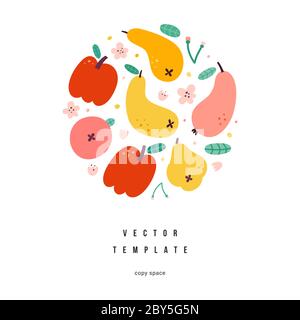 Apple and pear fruits arrangement, sweet summer garden ripe foods, red juicy apples and yellow and pink pear, various fruits composition, modern Stock Vector