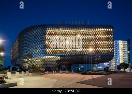 Adelaide South Australia November 18th 2019 : Night view of the SAHMRI building, a medical research facility in Adelaide, South Australia Stock Photo