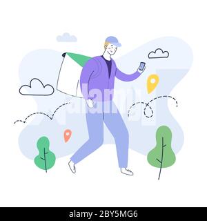 Delivery courier walking with thermal box backpack and receiving order via smartphone app. Distributing takeout meals from cafes and restaurants to Stock Vector