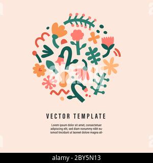 Abstract floral composition template, trendy modern abstraction shapes and doodles, round shape ornament. Vector decoration for wedding or invitation Stock Vector
