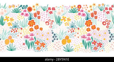 Flower field seamless vector illustration border. A lot of florals in pink, red, yellow, orange repeating horizontal pattern doodle line art. For Stock Vector