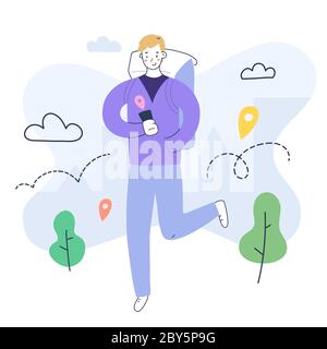Walking delivery courier with box backpack and smartphone point map. Food shipping mobile app order. Cute cartoon character, banner for website or app Stock Vector