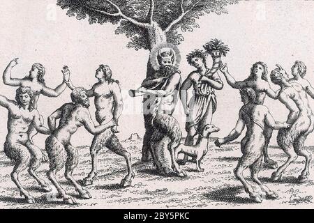 PAN 18th century French engraving showing the Greek mythological god playing his pipes while his followers dance Stock Photo