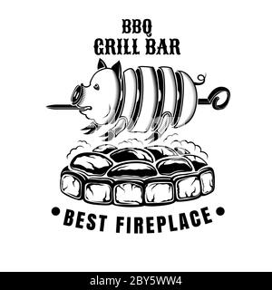 Label for grill bar, BBQ or public house. Pig strung on spit fried on charcoal Stock Vector
