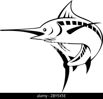 Retro style illustration of an Atlantic blue marlin, a species of marlin endemic to the Atlantic Ocean, swimming and jumping up done in black and whit Stock Vector