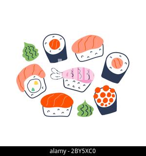 Various sushi rolls, doodle maki, philadelphia and nigiri with salmon, shrimp and caviar, collection of different rolls with green wasabi seasoning Stock Vector