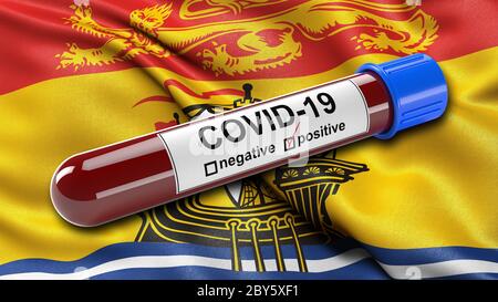 Flag of New Brunswick waving in the wind with a positive Covid-19 blood test tube. Stock Photo