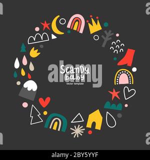 Scandinavian frame template for babies, vector border with copy space for your text or photo, arrangement with doodle illustrations, good for card Stock Vector