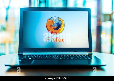 POZNAN, POL - MAR 24, 2020: Laptop computer displaying logo of Firefox, a free and open-source web browser. Stock Photo