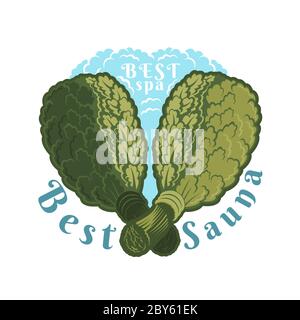 Label for sauna, banya or bathhouse. Two crossed oak besoms with steam. Color vector illustration. Stock Vector