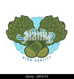 Label for sauna, banya or bathhouse. Two crossed oak besoms with steam. Color vector illustration. Stock Vector