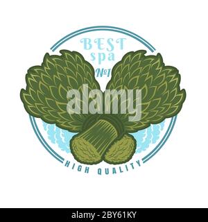Label for sauna, banya or bathhouse. Two crossed birch besoms with steam. Color vector illustration. Stock Vector