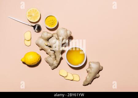 Ingredients for making immunity boosting healthy vitamin drink. Immunity strengthening and detox concept. Stock Photo