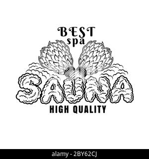 Label for sauna, banya or bathhouse. Two crossed besoms. Word sauna around steam. Stock Vector