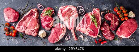 Set of various classic, alternative raw meat, veal beef steaks - chateau mignon, t-bonnet, tomahawk, striploin, tenderloin, tenderloin, new york steak Stock Photo