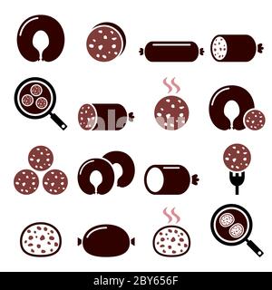 Black pudding sausage, haggis, white pudding food icons set in color Stock Vector