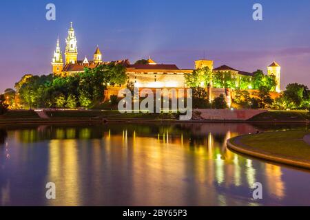 Wawel Castle on Wawel Hill above Vistula river by night, Krakow, Poland Stock Photo