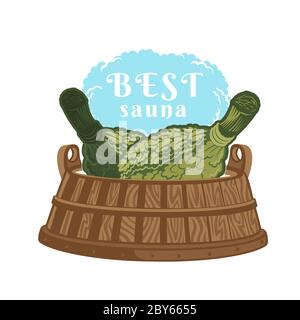 Label for sauna, banya or bathhouse. Two oak besoms in wooden tub. Color vector illustration. Stock Vector