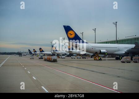 Munich,Germany-November 3,2018: Lufthansa planes stand outside terminal two at Munich airport between flights Stock Photo