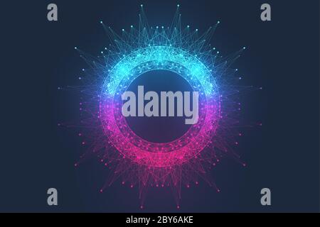 Quantum computer technology concept. Sphere explosion background. Deep learning artificial intelligence. Big data algorithms visualization. Waves flow Stock Vector