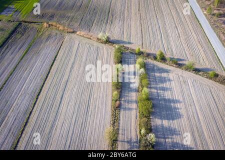 High angle view of plowed field in Stary Konik village near Warsaw, Poland