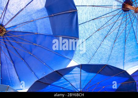 Close up bottom view of a blue umbrella Stock Photo