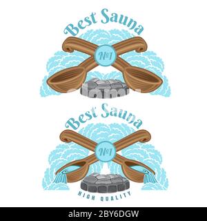 Two labels for sauna or bathhouse. Two crossed wooden ladle for sauna with fireplace and steam around. Color vector illustration Stock Vector