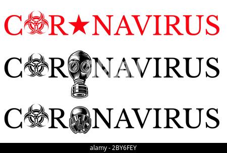 Word Coronavirus with gas mask instead letter O in and symbol biological hazard. Stock Vector