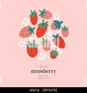 Strawberry arrangement, cute hand drawn doodle strawberries, vector flat illustration, modern design template with place for text, good as greeting Stock Vector
