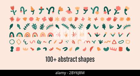 Abstract shapes collection, isolated contemporary art doodles, bundle of flowers, swirls and dots leaves. Linocut stamp shapes, abstraction generator Stock Vector