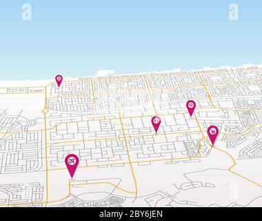 Vector city map in perspective view with pointers Stock Vector