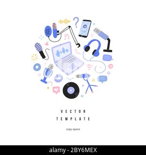 Podcasting equipment audio recording frame border banner with copy space, microphones and headphones, tools for audio radio streaming, broadcasting Stock Vector